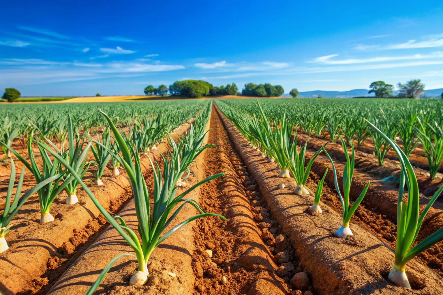 Imagem de um campo de alho em Portugal, com plantas verdes e saudáveis sob um céu azul claro, mostrando o solo rico e as fileiras organizadas, sem qualquer texto ou símbolos identificáveis