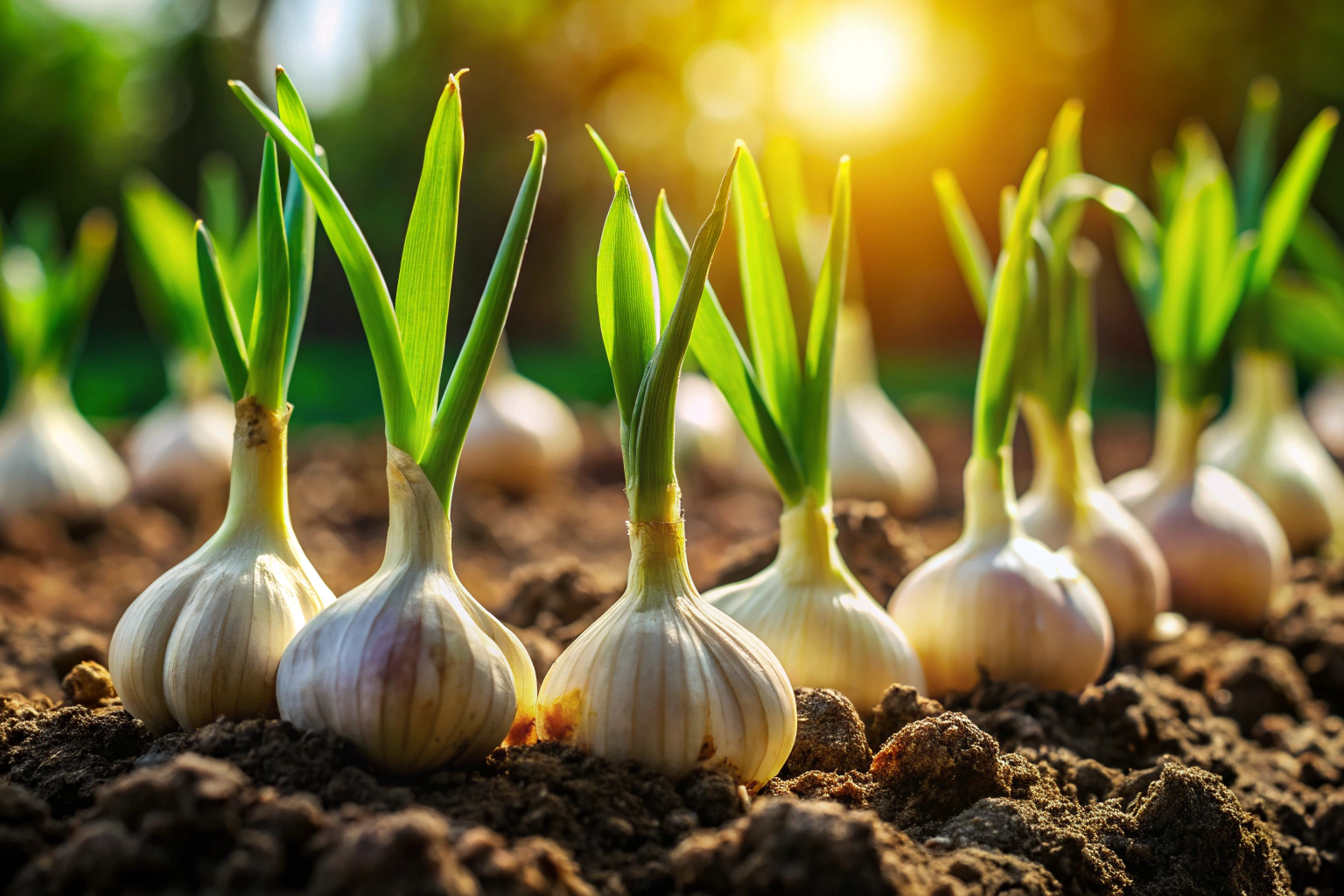 Close-up de bulbos de alho saudáveis crescendo em solo escuro e úmido, com brotos verdes visíveis e luz solar suave, em um ambiente rural português