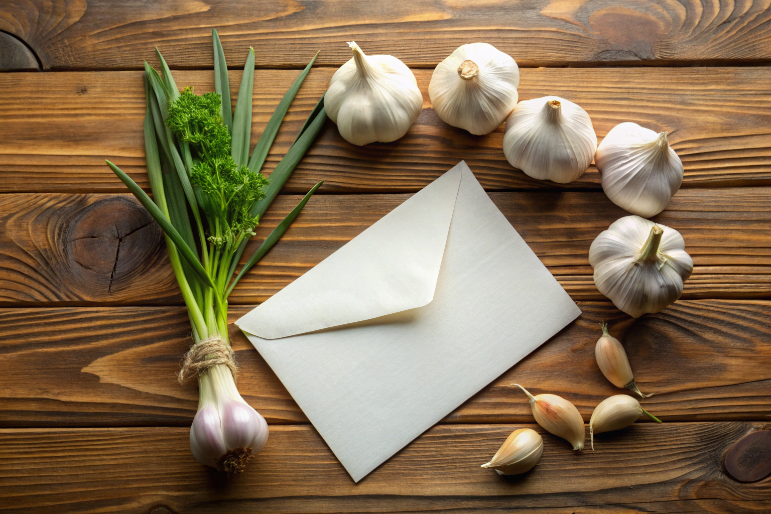 Imagem de um formulário de contacto em papel sobre uma mesa de madeira, com campos em branco para nome, email e mensagem, rodeado por folhas de alho frescas, sem qualquer texto ou símbolos visíveis