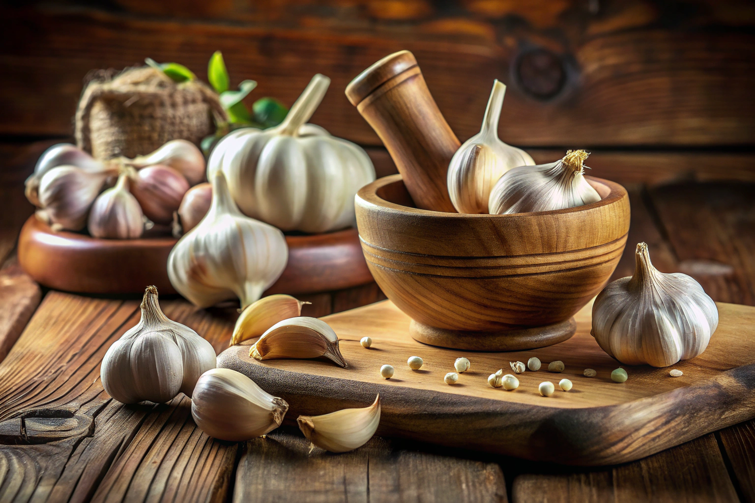 Close-up of garlic cloves on a wooden cutting board with a mortar and pestle in soft light