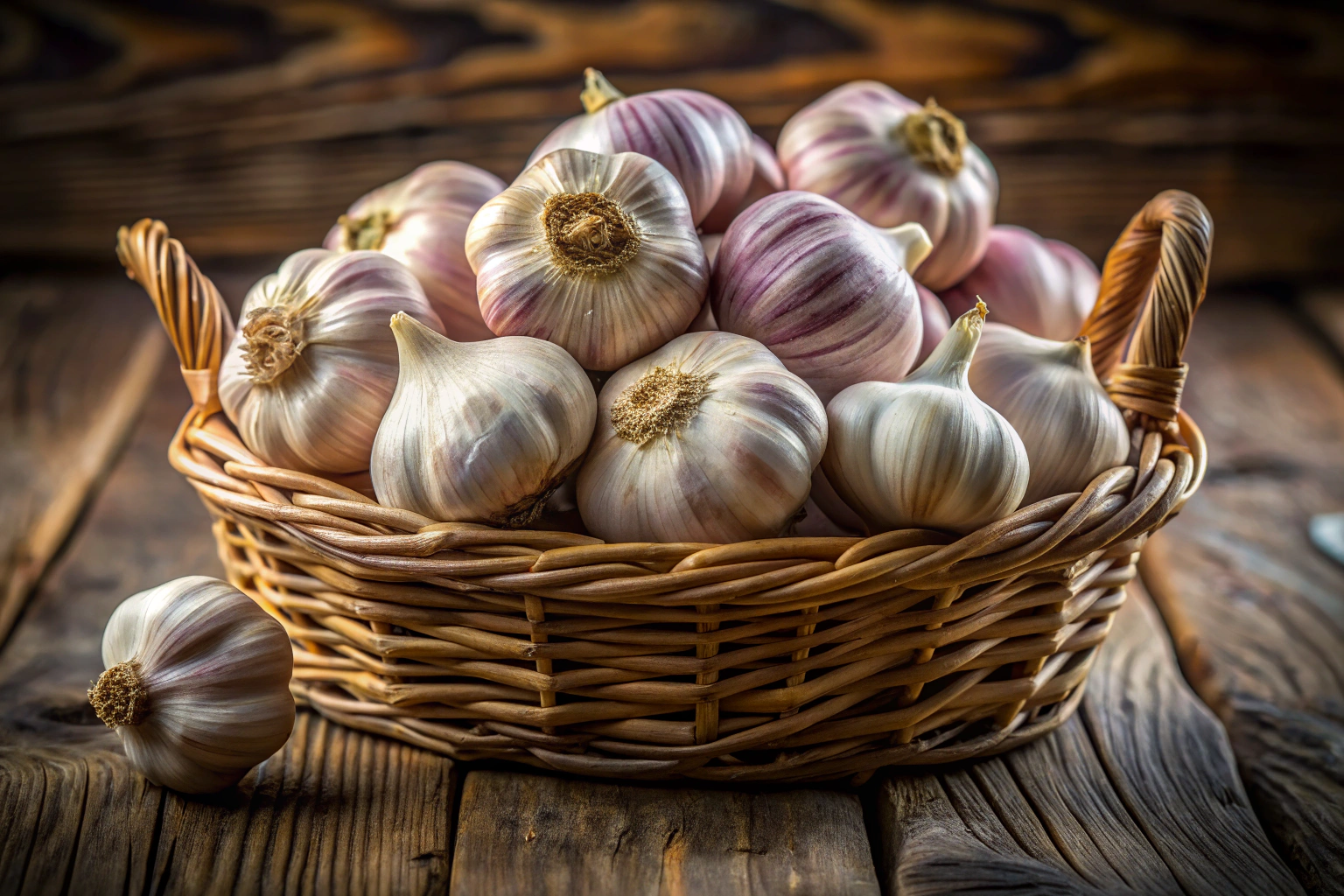 Close-up of fresh, unlabeled garlic bulbs in a woven basket, with a rustic wooden background, showcasing the natural texture and color without any branding or text